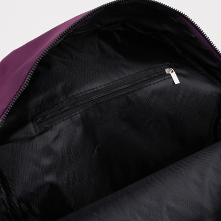 A backpack with a zipper, an outer pocket, 2 side pockets, a wallet, a purple color-5