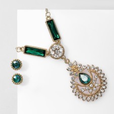 Set 2 objects: earrings, pendant “dew” flower, green-white color in gold, 48 cm