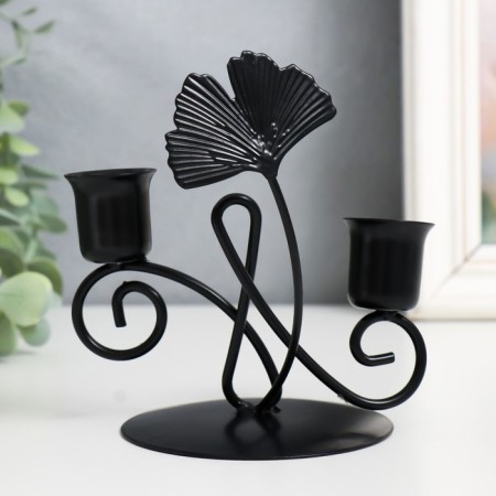 Summary Metal for 2 candles "Sheet ginkgo and curl" D-2.5 cm black 11.8x9x13 cm-3