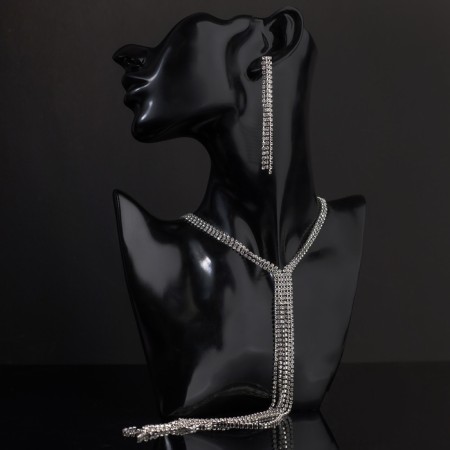 Set 2 objects: earrings, necklace "ice" path, white color in silver, 50 cm-1