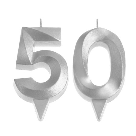 Candle in the cake jubilee "line" (set 2 in 1), number 50, silver metallic, 6.5 cm-2