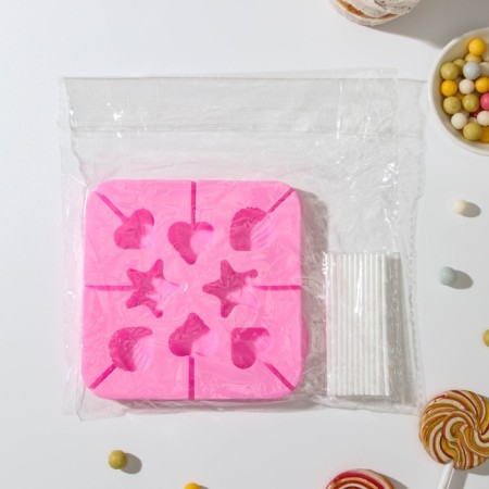 Silicone form for candies "Sea Shore", 12.5 × 12.5 × 1.5 cm, 8 cells, with sticks, color mix-5