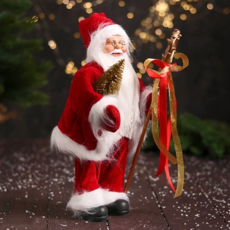 Santa Claus "In a caftan with fur and patterned staff" 30 cm, white-red-1