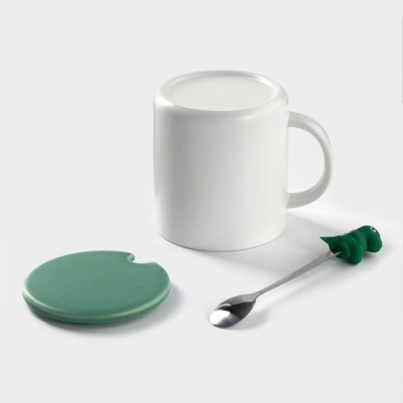 Ceramic mug with a lid and a spoon "Dino", 320 ml, Mix drawing-5