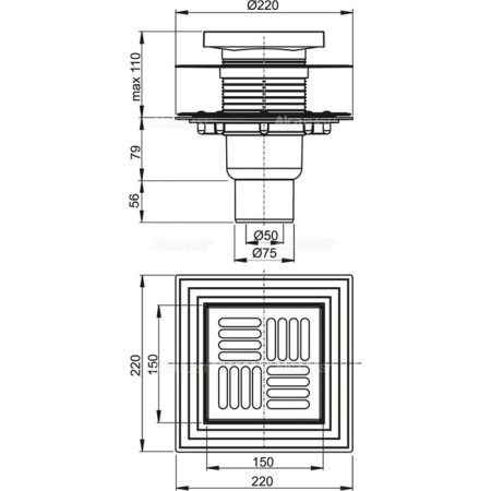 Alcaplast APV4444, 150 × 150/50/75 mm, direct runoff, hydraulic staining and wet-1