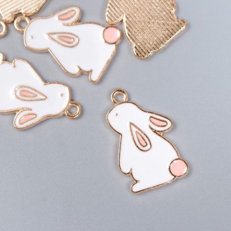 Decor for creativity metal, enamel "Bunny with pink tail" White 2.2x1.3 cm