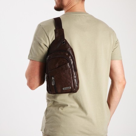 Male sling bag, artificial leather, headphone opening, brown color