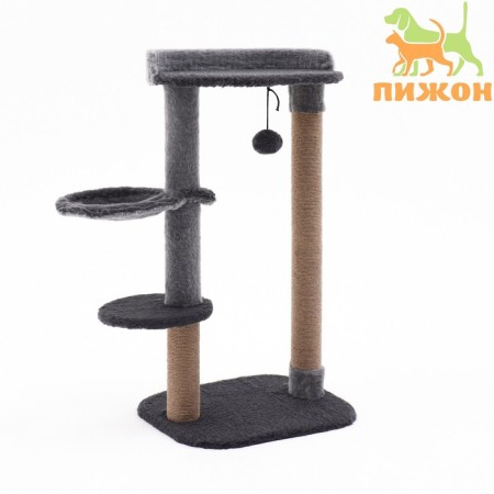 Claw "Piggon" with a hammock, a toy and a shelf, 64 x 34 x 104 cm, (fur, jute) gray