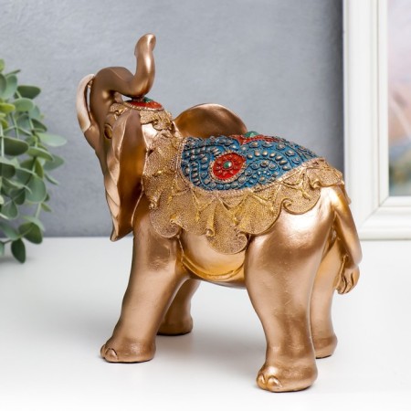 Souvenir Polystone "Golden Elephant in Blue Popone with Tasses" MIX 20x10.5x22 cm-3