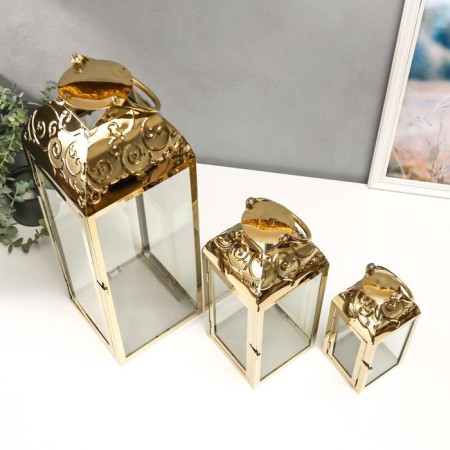 Summary metal, glass Lantern "Curls" gold nr 3 pcs 55x18x18 37x14x14 24x10x10 cm-3