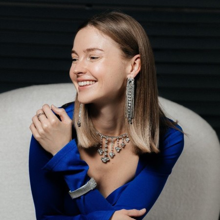 Hanging earrings with rhinestones "Waterfall" asymmetry, white color in silver, 16.5 cm-3