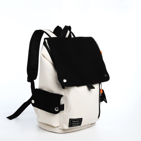 A backpack with a zipper, 5 outer pockets, beige color/black-2