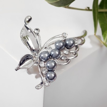 Brooch "Butterfly" with a pearl wing, the color is gray in silver-1