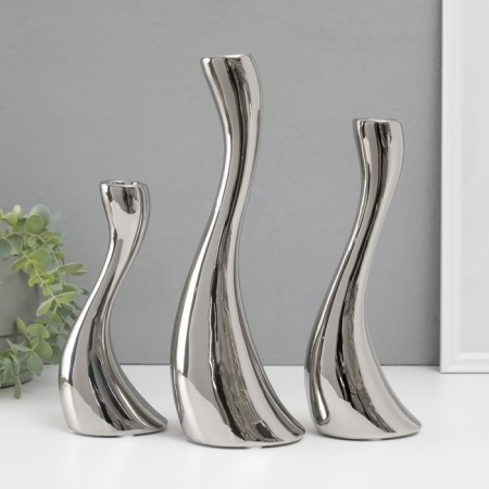 Ceramics candlestick for 1 candle "wave" d = 2.5 cm, silver, set 3 pcs h = 20, 25 and 30 cm-3