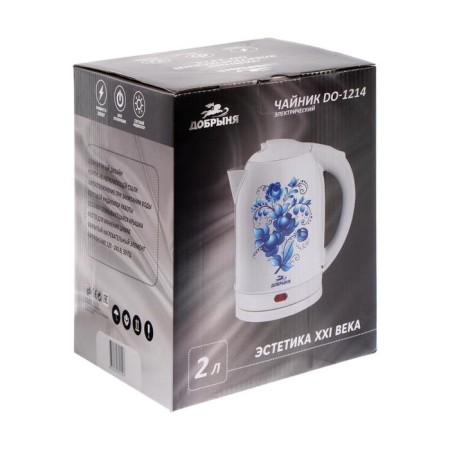 Electric Dobrynya kettle DO-1214, Metal, 2 l, 2000 watts, white with blue colors-10