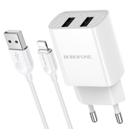 Network charger Borofone BA53A, 2XUSB, 2.1 A, Lightning cable, 1 m, white-1