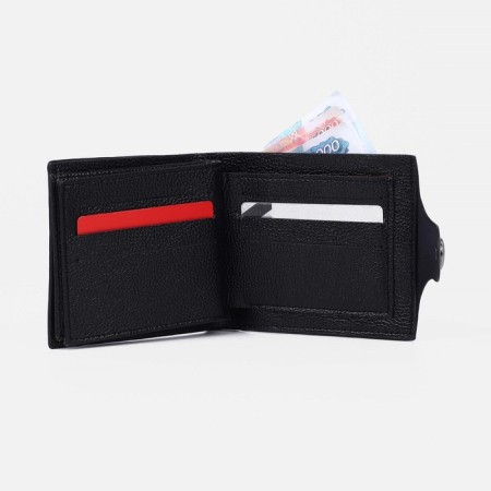 Male purse on a magnet, department for bills, for coins, for cards, black color-5