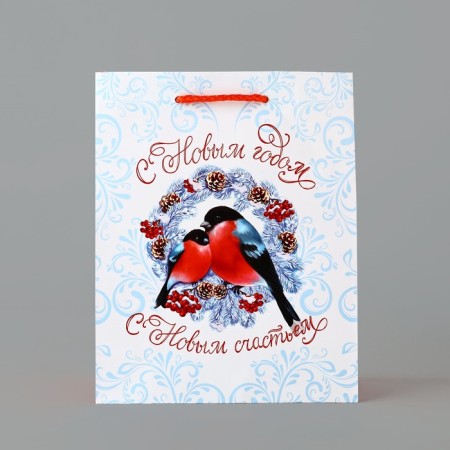 New Year's Gift Laminated Package “Happy New Year”, bullfinches, MS 18 x 23 x 8 cm, New Year-1