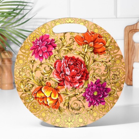 Board cutting and serving round kitchen "Zhostovskaya painting", 25.5 cm-1