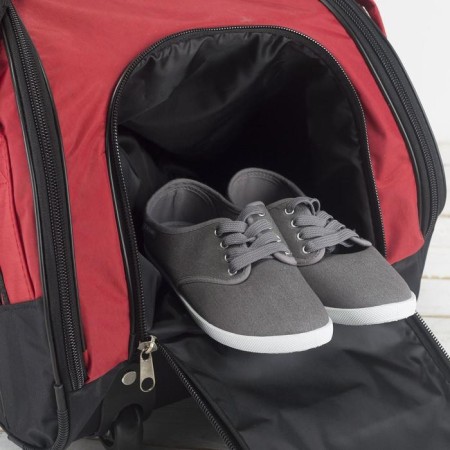 Road bag on wheels, a lightning department, shoe department, 3 outer pockets, a long belt, black/red color-4