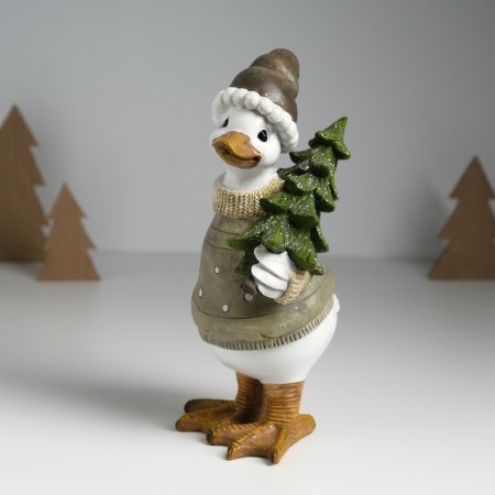 Polystone souvenir "Goose in a sweater in peas, carries the Christmas tree" Light green 9.5x12x22.5 cm