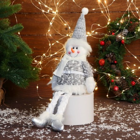 Soft toy "Snowman in the cap and scarf" 15x39 cm, white-gray