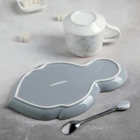 Tea couple ceramic “leaf”, 3 objects: a cup 320 ml, a saucer 25.5 × 16 cm, a spoon, color gray color-2