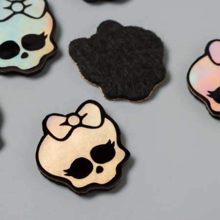 Decor for the creativity of the felt "Skull with a bow" holography 3.5x3 cm