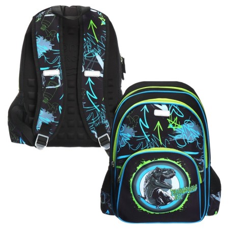 School backpack 38 x 27 x 17, ergonomic back, Devente Attomex Basic, T-Rex Dino, Black 7033443