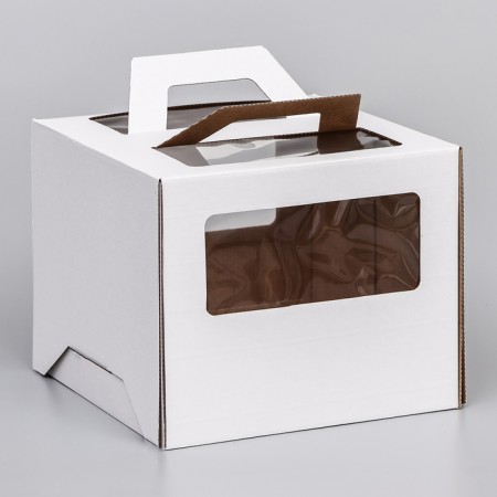 Box for cake 2 windows, with handles, white, + substrate 2.5 gold-white, 24 x 24 x 20 cm-3