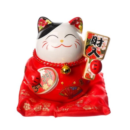 Piggy bank Ceramics "Maneki-Neko Red with fan" 11x10.5x9.5 cm-5