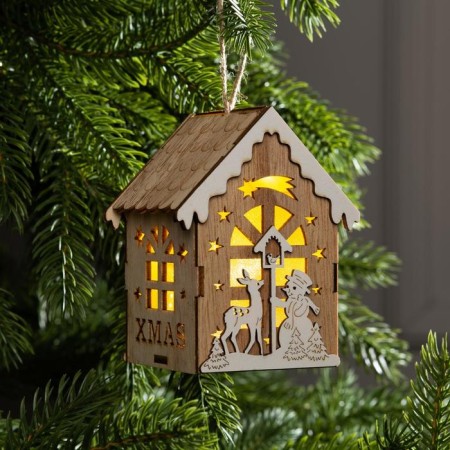 Christmas tree toy "House with a deer and a snowman", from batteries, a glow of warm white