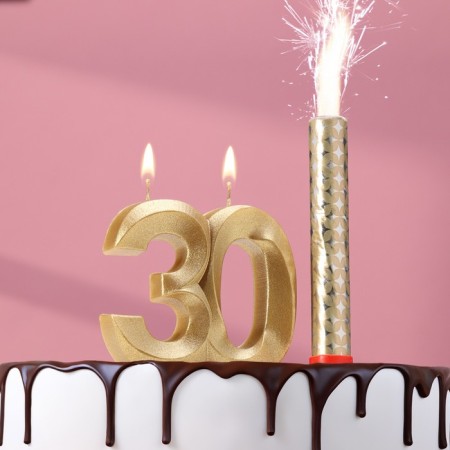 Candle in the cake jubilee "Face + Fountain", number 30, gold metallic, 6.5 cm