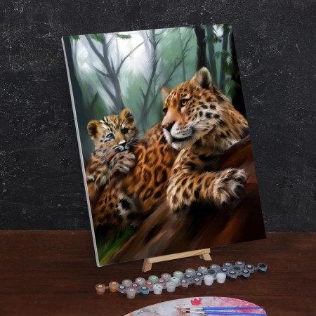 Picture on numbers on canvas with the subframe of Leopard. Mom and baby ", 40 x 50 cm-1