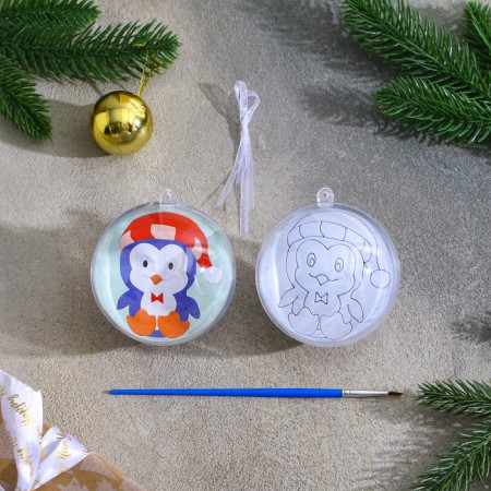 Christmas tree decoration for coloring "Cute penguin" Size: 8 cm; 2 pcs., Brush-1