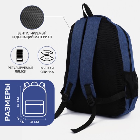 A backpack with a zipper, 2 external pockets, blue color-1