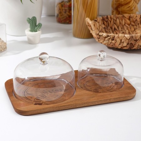 Serve dish with two lids, 34 × 20 × 12 cm, acacia