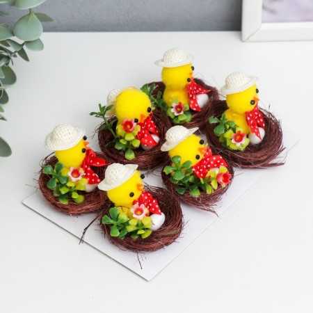 Easter souvenir "chicken in a hat in a nest with a flower" set 6 pcs 3x4x4 cm-1