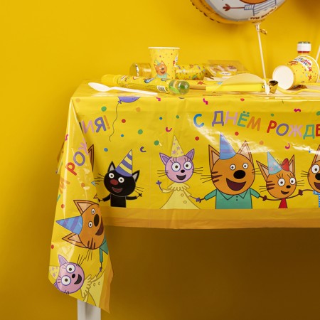 One -time tablecloth, three cats, yellow, 120x180 cm-1
