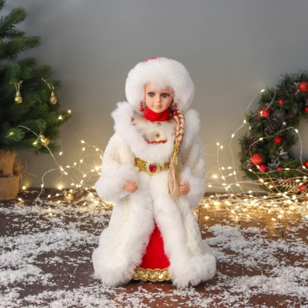 Snow Maiden "chic" in a white-red fur coat and mittens, moves, 40 cm