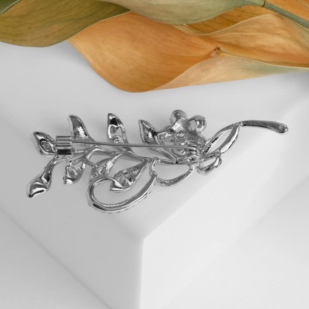 Brooch "Branch" with a flower, white color in silver-2