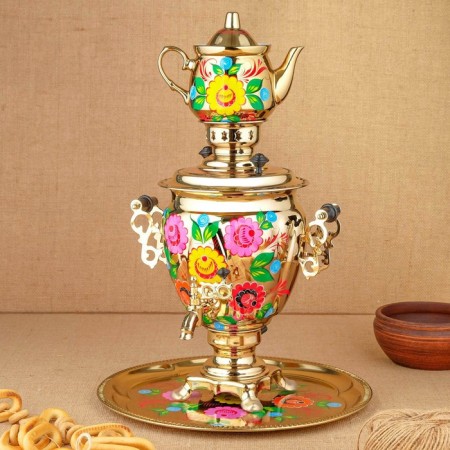 Set "Flowers in Gold", Acramus, 3 objects, a samovar 3 l, a teapot 0.7 l, tray-1
