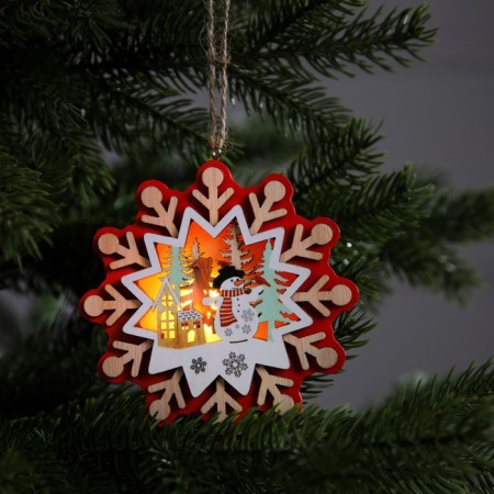Christmas tree toy "Snowflake with a snowman", from batteries, a glow of warm white