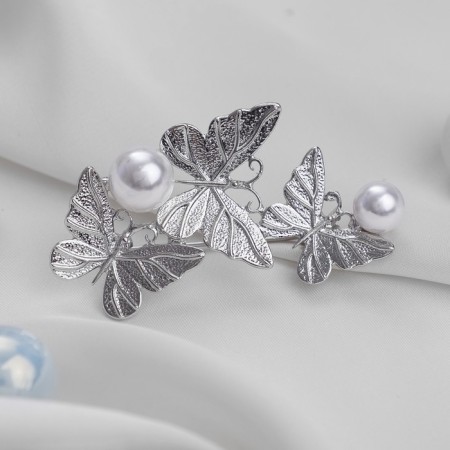 Brooch "Butterflies" trio with pearls, white color in silver-1
