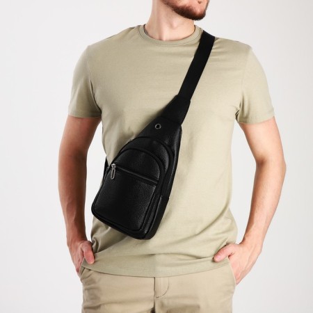 Male sling bag, artificial leather, headphone opening, black color-7