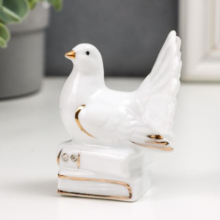 Souvenir ceramics "White dove on books/gift" with gold, rhinestones 7.5 cm mix-3