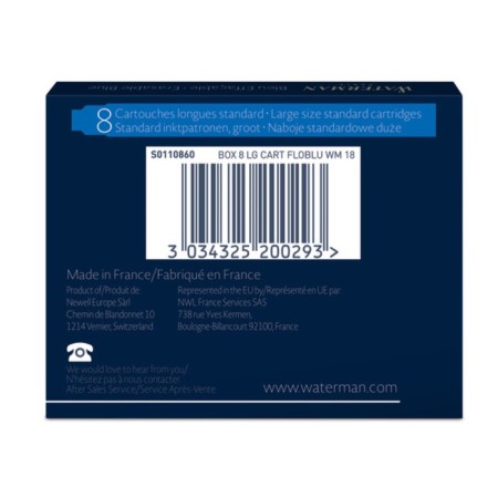 Cartridges for featheral pen set 8 pcs Waterman Standard, blue, blister S0110860-2