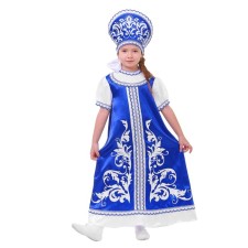 Russian suit for a girl: a dress with a flirt, kokoshnik, river 68, height 134-140 cm, blue color is blue