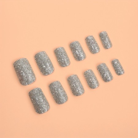 Lighting nails "Shine", 12 pcs, with sparkles, with adhesive plates, shape soft square, silver-1
