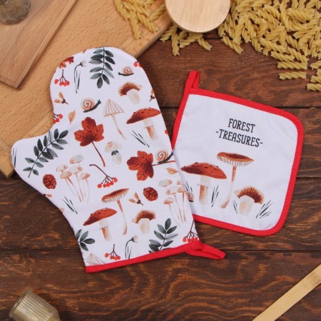 Set of kitchen. Dolyana "Mushrooms": mittens 20x28 cm, severity 17x17 cm, 35% HL, 65% PE